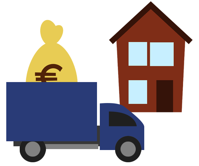 Een verhuiswagen die een geldzak als lading meedraagt naar een nieuwe woning toe.