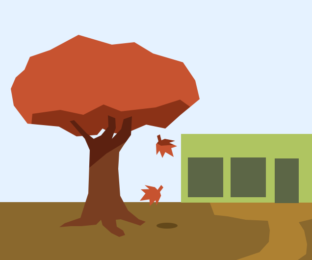 Illustratie van een boom in de herfst, naast een levensloopbestendige woning.